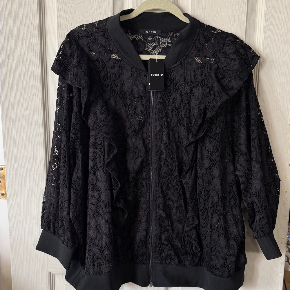 torrid Black Lace Ruffle Bomber Jacket